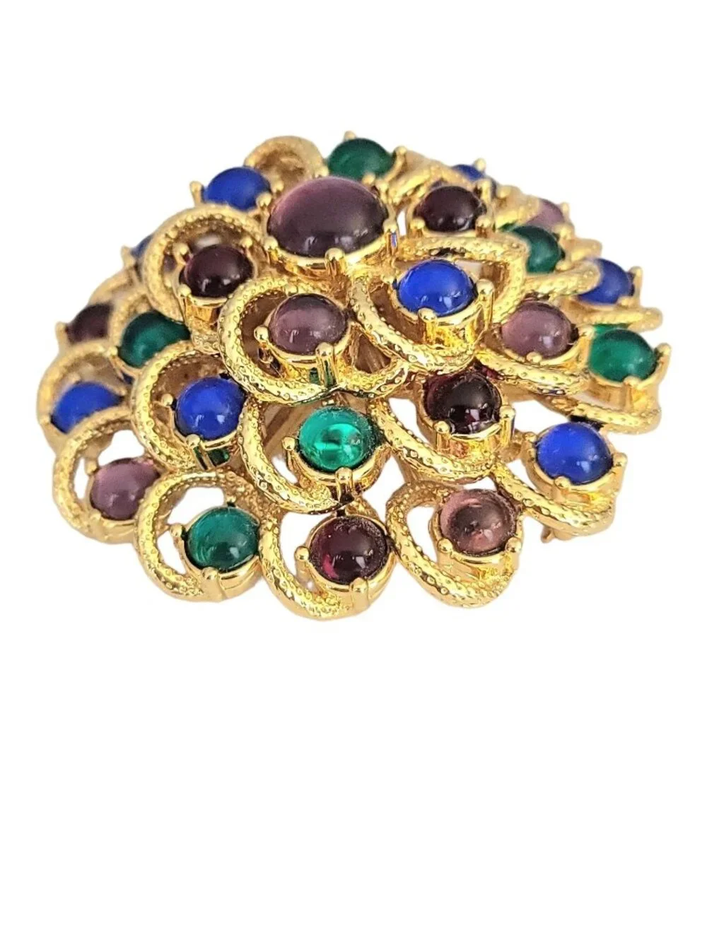 Monet Gold Tone Moghul Jewels Of India Glass Cabochon Round Cluster Brooch Pin